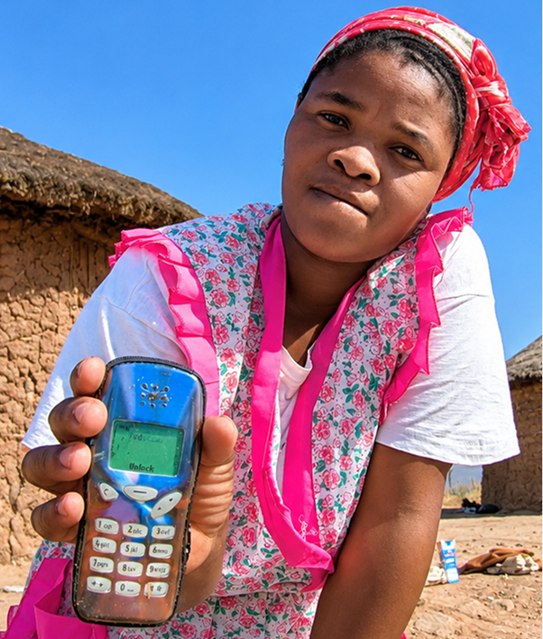 A resident holding up a phone against a bright sky