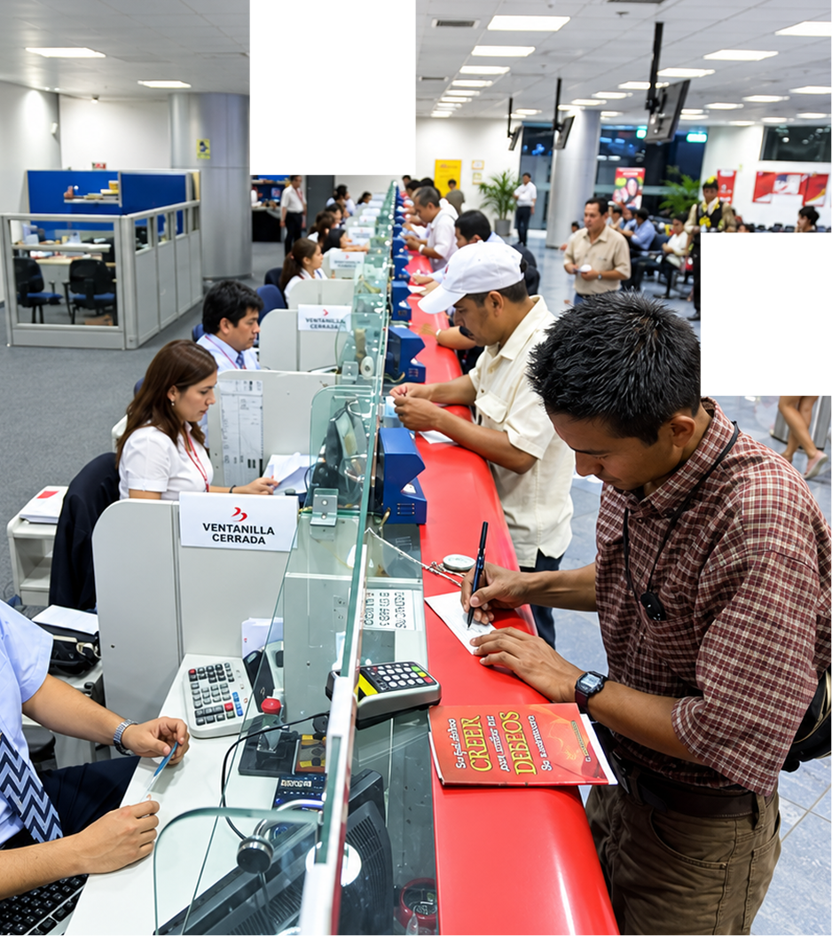 People at a public service counter completing residency paperwork